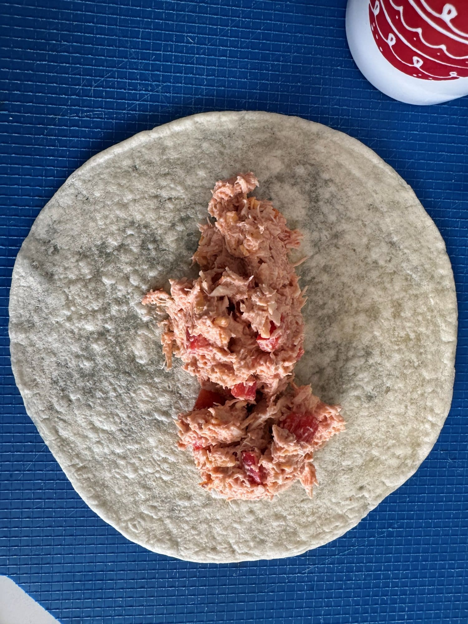 Filling laid in a line near the edge of a flour tortilla